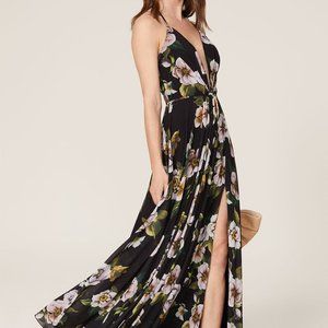 Faviana Black Floral V-Neck Maxi Dress, Size 6